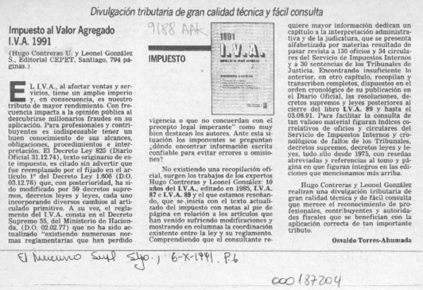 Impuesto al valor agregado, I. V. A. 1991  [artículo] Osvaldo Torres-Ahumada.