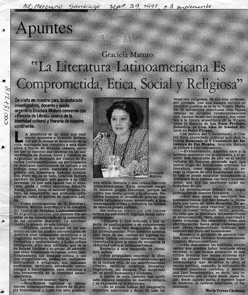 Graciela Maturo, "La literatura latinoamericana es comprometida, ética, social y religiosa"  [artículo] María Teresa Cárdenas.