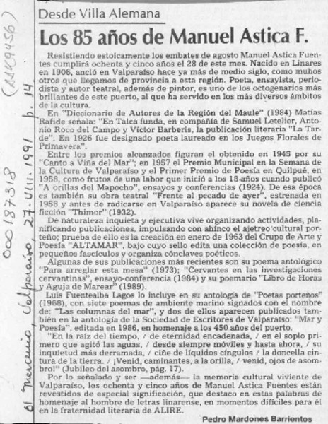 Los 85 años de Manuel Astica F.  [artículo] Pedro Mardones Barrientos.