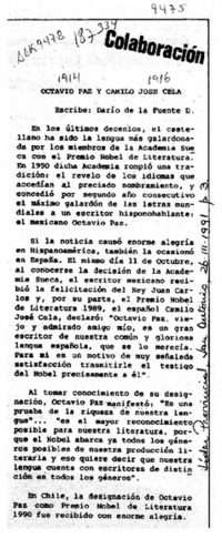 Octavio Paz y Camilo José Cela  [artículo] Darío de la Fuente D.
