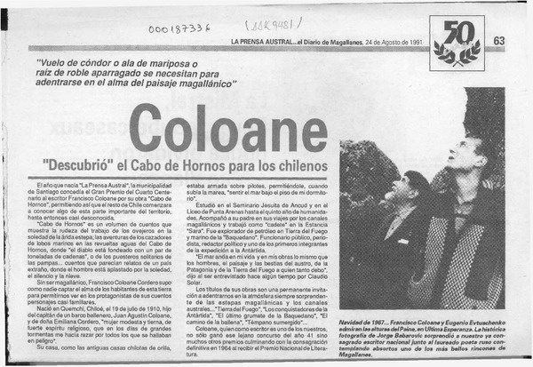 Coloane "descubrió" el Cabo de Hornos para los chilenos  [artículo].