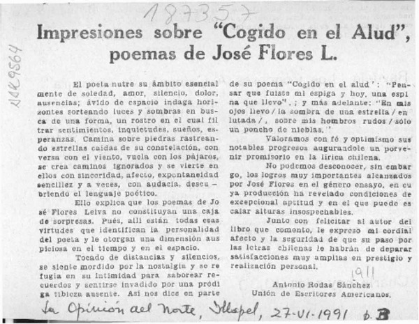 Impresiones sobre "Cogido en el alud", poemas de José Flores L.  [artículo] Antonio Rodas Sánchez.
