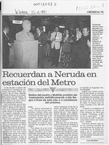 Recuerdan a Neruda en estación del Metro  [artículo].