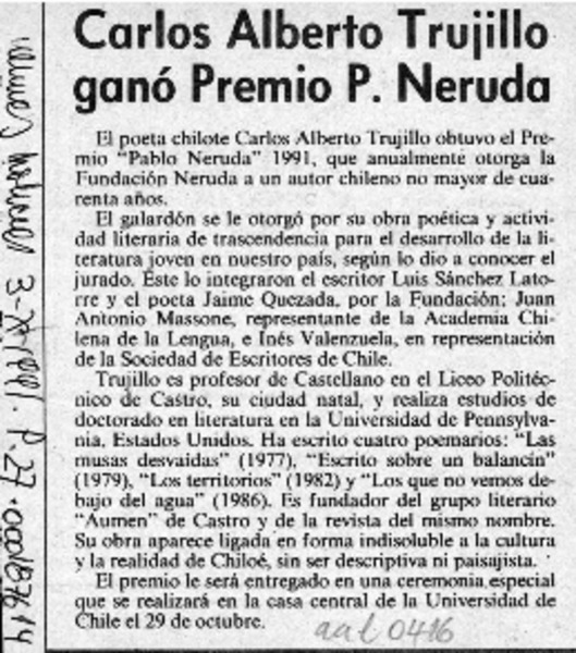 Carlos Alberto Trujillo ganó premio P. Neruda  [artículo].