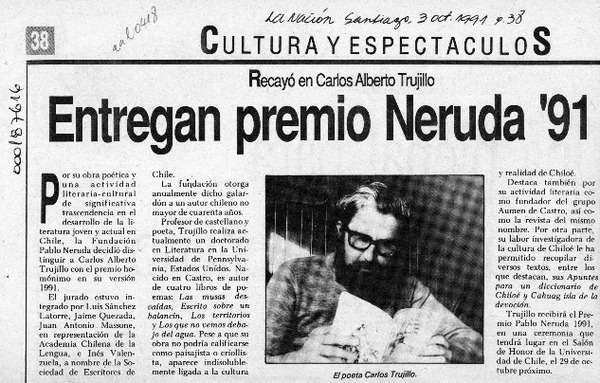 Entregan premio Neruda '91  [artículo].