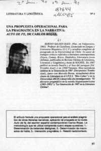 Una propuesta operacional para la pragmática en la narrativa, Auto de fe, de Carlos Rojas  [artículo] Sergio Saldes Báez.