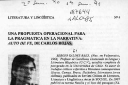 Una propuesta operacional para la pragmática en la narrativa, Auto de fe, de Carlos Rojas  [artículo] Sergio Saldes Báez.