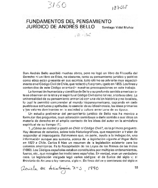 Fundamentos del pensamiento jurídico de Andrés Bello  [artículo] Santiago Vidal Muñoz.