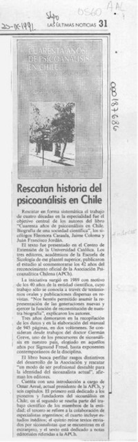 Rescatan historia del psicoanálisis en Chile  [artículo].