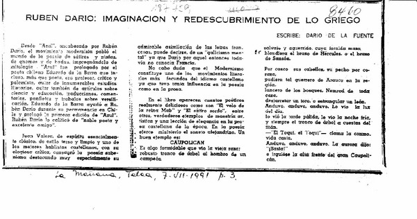 Rubén Darío, imaginación y redescubrimiento de lo griego  [artículo] Darío de la Fuente.