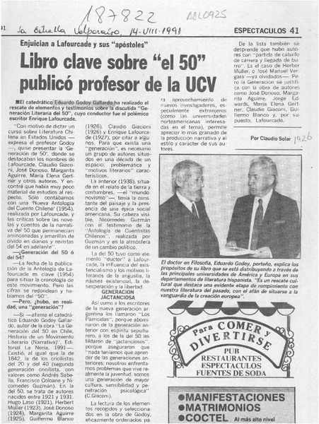Libro clave sobre "el 50" publicó profesor de la UCV  [artículo] Claudio Solar.