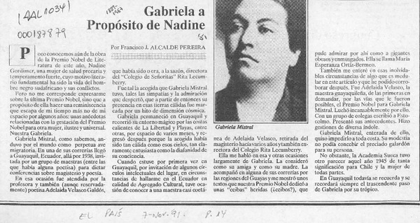 Gabriela a propósito de Nadine  [artículo] Francisco J. Alcalde Pereira.