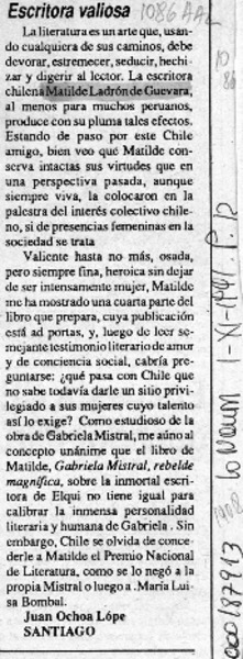 Escritora valiosa  [artículo] Juan Ochoa Løpez.