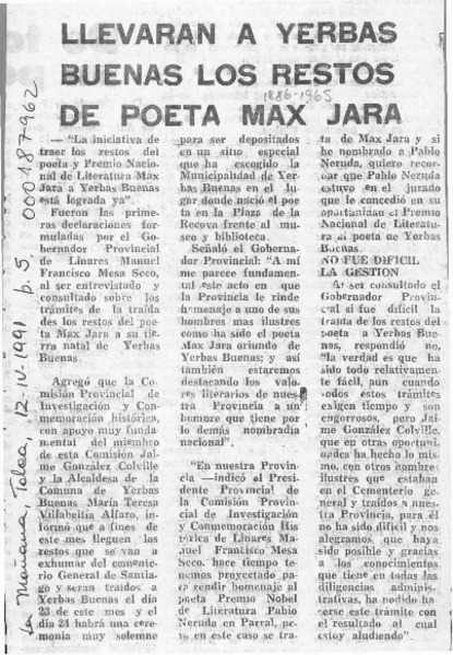 Llevarán a Yerbas Buenas los restos de poeta Max Jara  [artículo].