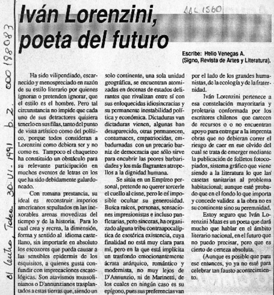 Iván Lorenzini, poeta del futuro  [artículo] Helio Venegas A.