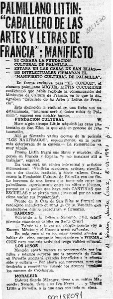 Palmillano Littin, "Caballero de las artes y letras de Francia"; manifiesto  [artículo].