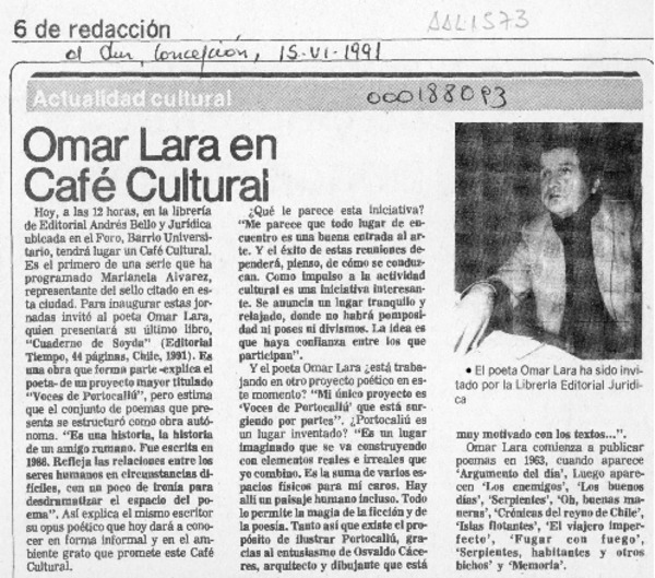 Omar Lara en café cultural  [artículo].