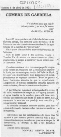 Cumbre de Gabriela  [artículo] Manuel Hervia Olave.