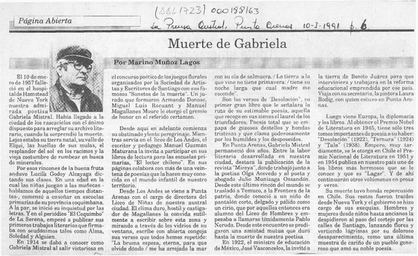 Muerte de Gabriela  [artículo] Marino Muñoz Lagos.