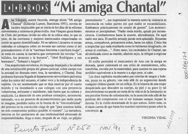 "Mi amiga Chantal"  [artículo] Virginia Vidal.