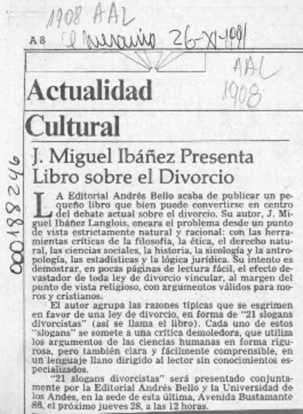 J. Miguel Ibáñez presenta libro sobre el divorcio  [artículo].