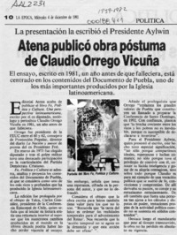 Atena publicó obra póstuma de Claudio Orrego Vicuña  [artículo].