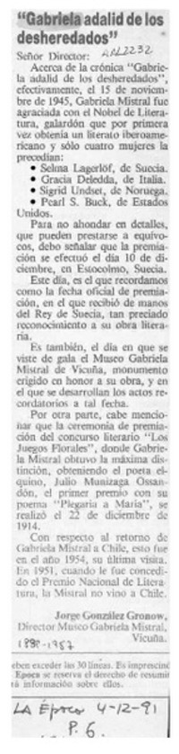 "Gabriela adalid de los deshederados"  [artículo] Jorge González Gronow.