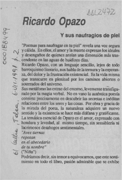 Ricardo Opazo y sus naufragios de piel  [artículo] Matías Rafide.