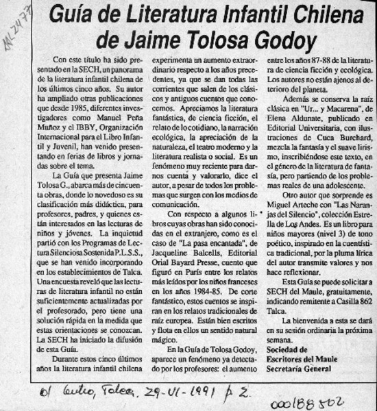 Guía de literatura infantil chilena de Jaime Tolosa Godoy  [artículo].