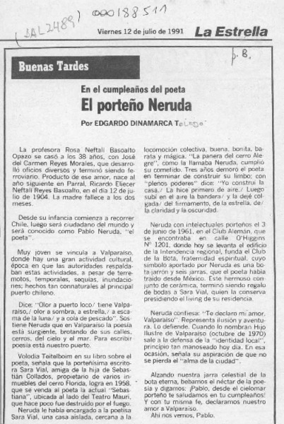 El porteño Neruda  [artículo] Edgardo Dinamarca T.