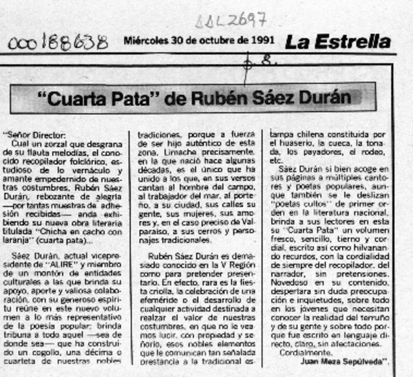 "Cuarta pata" de Rubén Sáez Durán  [artículo] Juan Meza Sepúlveda.