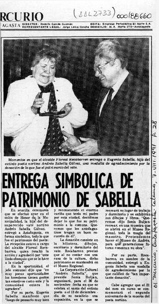 Entrega simbólica de patrimonio de Sabella  [artículo].