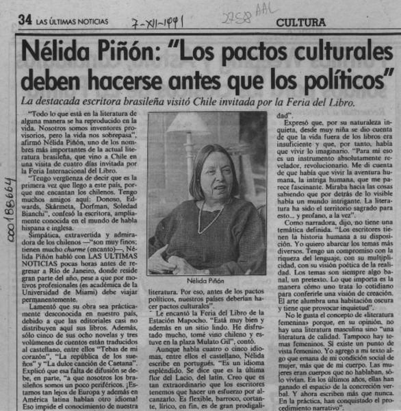 Nélida Piñón, "Los pactos culturales deben hacerse antes que los políticos"  [artículo].