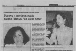 Doctora y escritora resaltó premio "Manuel Fco. Mesa Seco"  [artículo] Miguel Angel Venegas.