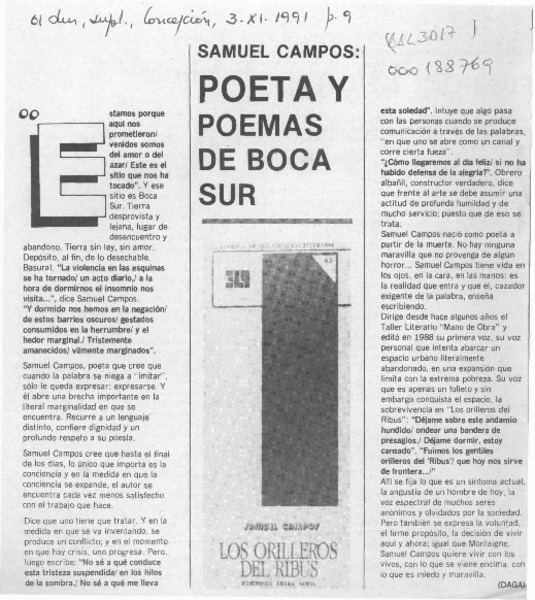 Samuel Campos, poeta y poemas de boca sur  [artículo] Daga.