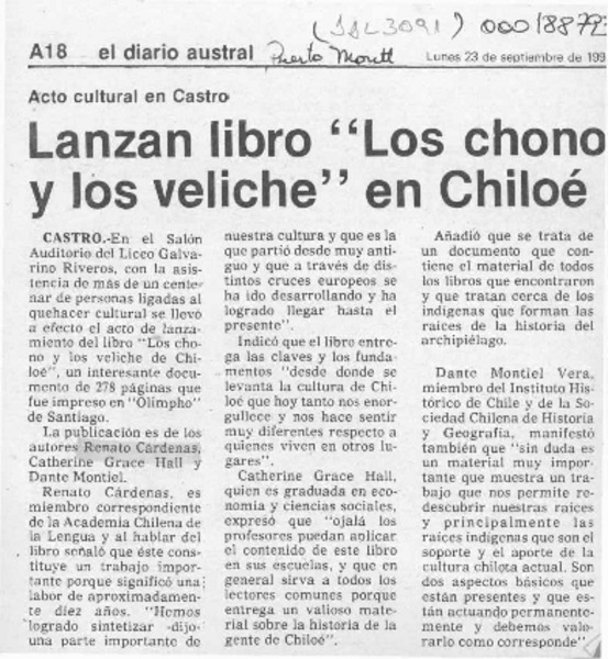 Lanzan libro "Los Chono y los Veliche" en Chiloé  [artículo].