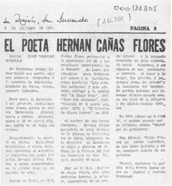 El poeta Hernán Cañas Flores  [artículo] José Vargas Badilla.