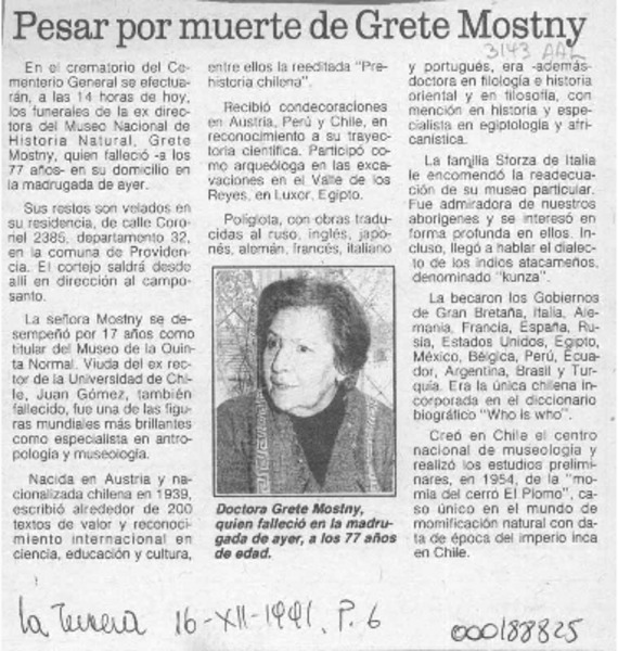 Pesar por muerte de Grete Mostny  [artículo].