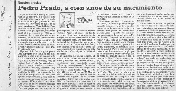 Pedro Prado, a cien años de su nacimiento  [artículo] José María Palacios.