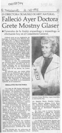 Falleció ayer doctora Grete Mostny Glaser  [artículo].