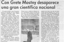 Con Grete Mostny desaparece una gran científica nacional  [artículo].