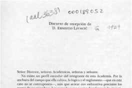 Discurso de recepción de D. Eresto Livacic  [artículo] Ernesto Livacic.