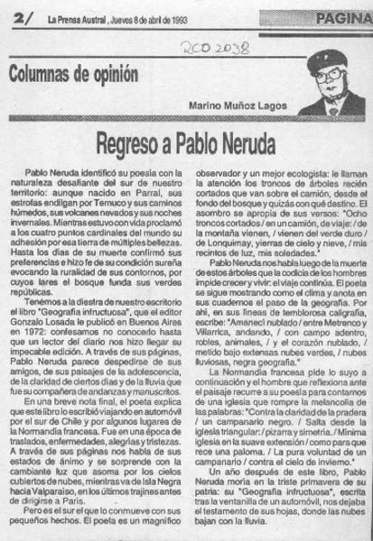 Regreso a Pablo Neruda  [artículo] Marino Muñoz Lagos.