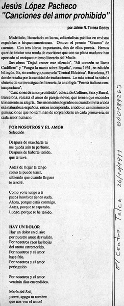 Jesús López Pacheco "Canciones del amor prohibido"  [artículo] Jaime R. Tolosa Godoy.