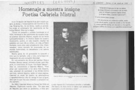Homenaje a nuestra insigne poetisa Gabriela Mistral  [artículo].