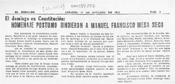 Homenaje póstumo rindieron a Manuel Francisco Mesa Seco  [artículo].
