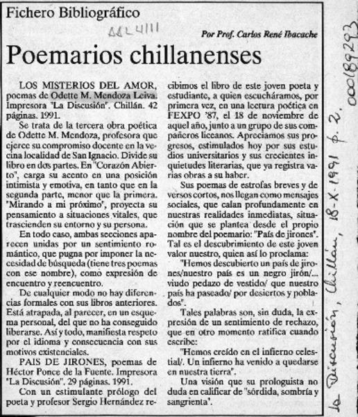 Poemarios chillanenses  [artículo] Carlos René Ibacache.
