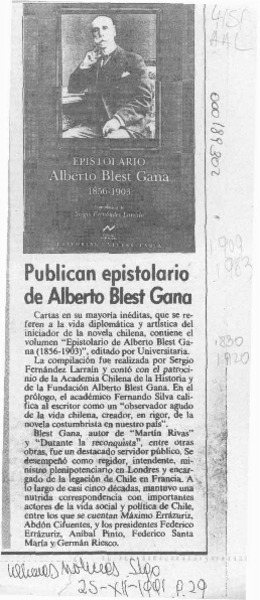 Publican epistolario de Alberto Blest Gana  [artículo].