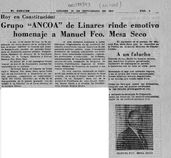 Grupo "Ancoa" de Linares rinde emotivo homenaje a Manuel Fco. Mesa Seco  [artículo].