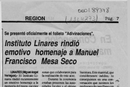 Instituto Linares rindió emotivo homenaje a Manuel Francisco Mesa Seco  [artículo] Miguel Angel Venegas.